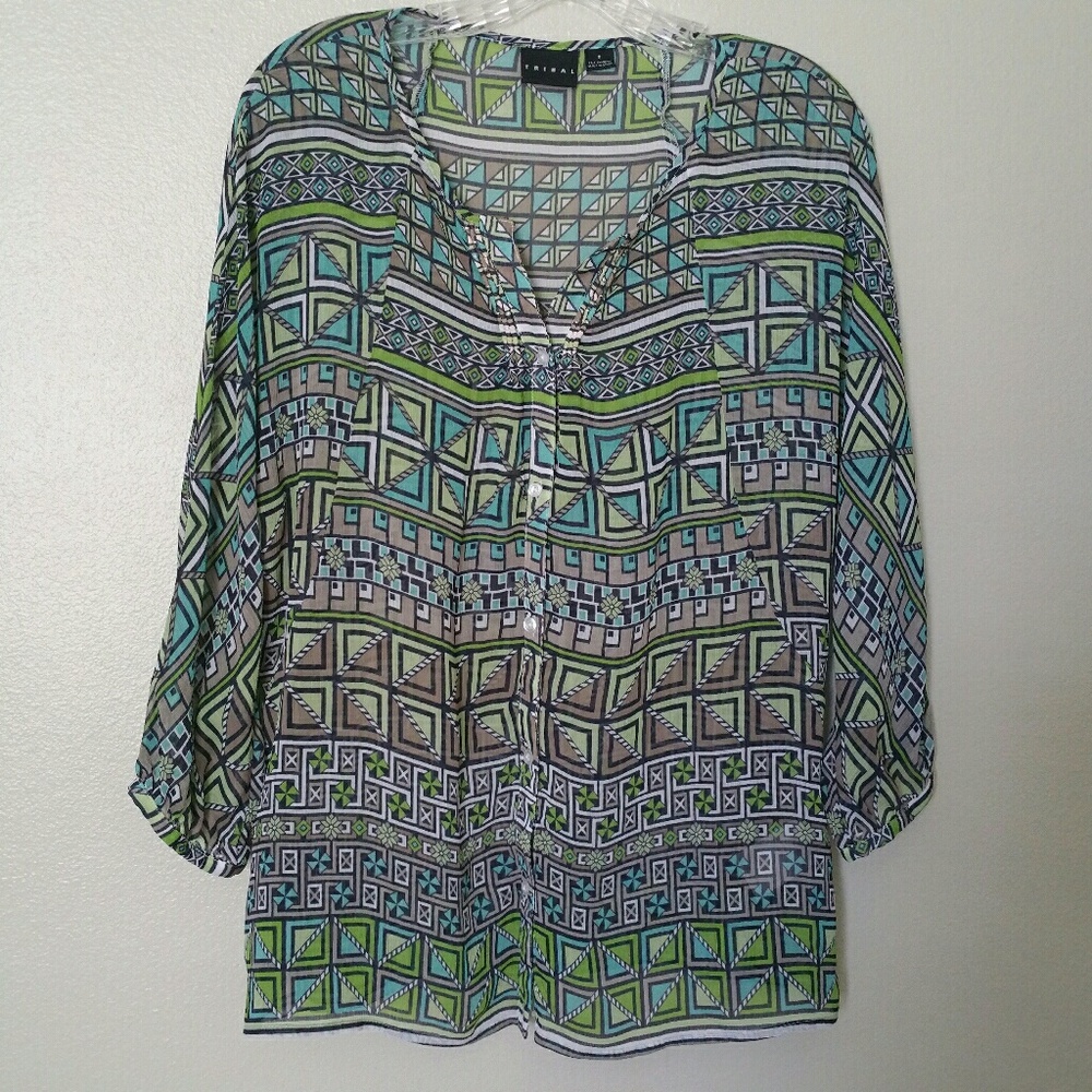 Tribal Button Up Blouse w/ Winged 3/4 Sleeves sz 6